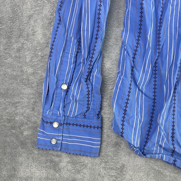 Fossil Vintage Fit Shirt XL Western Blue Brown Button Up Long Sleeve Pearl Snaps - Picture 10 of 11